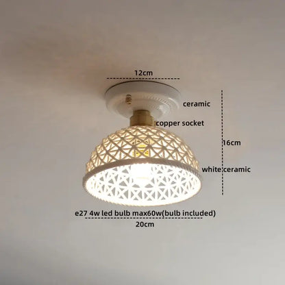 Woven ceramic led ceiling lamp with white geometric lattice design and copper socket for decorbites ceramic led decor