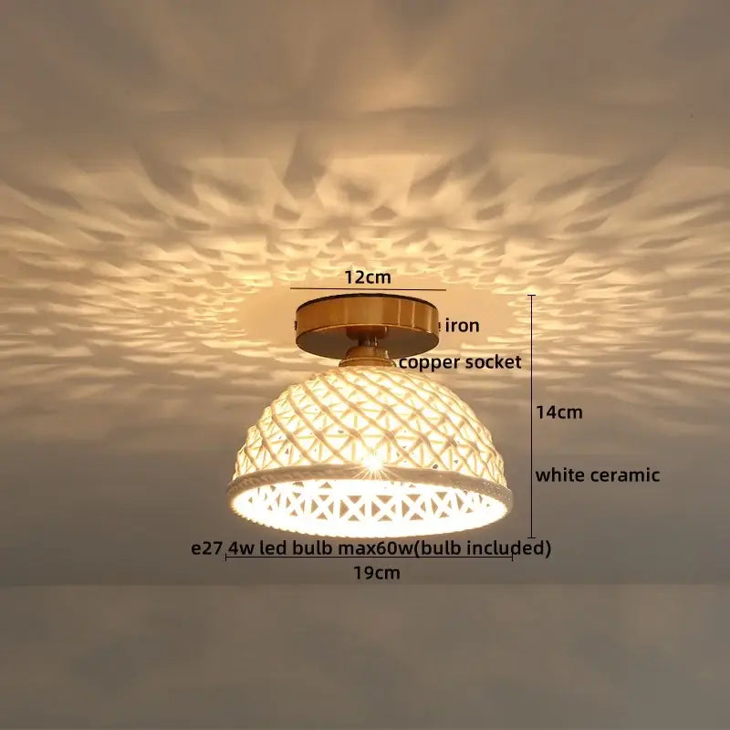 White ceramic led ceiling lamp with woven lattice design and brass iron mounting from decorbites ceramic led collection