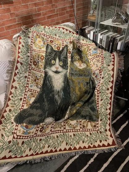 A cream-colored woven oil painting blanket with black and white and tabby cats framed by floral decorbites cat oil patterns