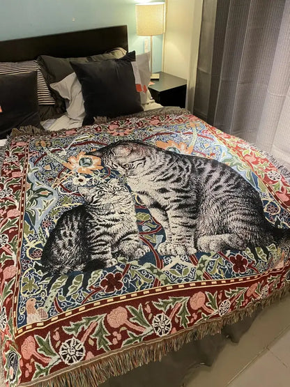Woven colorful cat oil painting blanket featuring black and white tabby cats and floral pattern with fringed edges decorbites cat oil