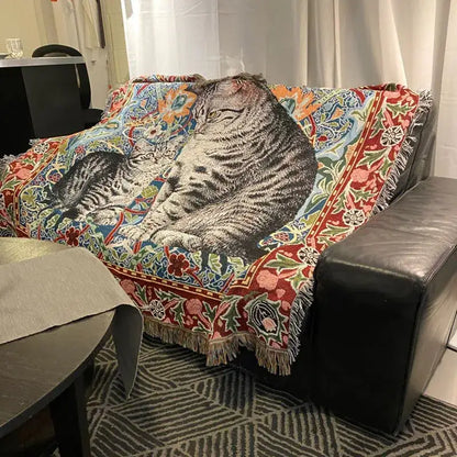 Woven colorful cat oil painting blanket with detailed tabby cats and floral patterns in vibrant red blue green hues for decorbites cat oil decor