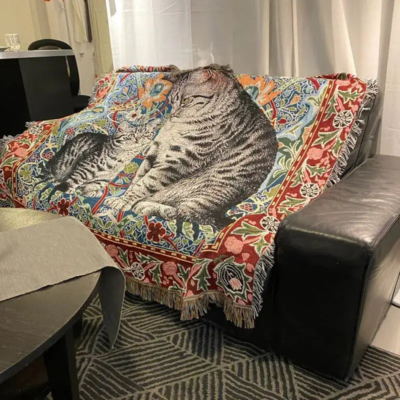 Woven colorful cat oil painting blanket with detailed tabby cats and floral patterns in vibrant red blue green hues for decorbites cat oil decor