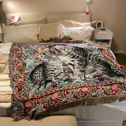 A woven colorful cat oil painting blanket with two tabby cats in floral pattern and red blue borders decorbites cat oil