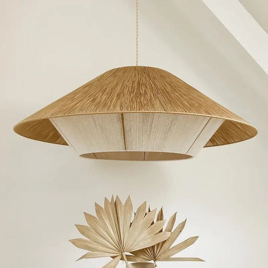 Woven conical pendant lamp with natural wood tone and white lining crafted from decorbites handmade hemp rope
