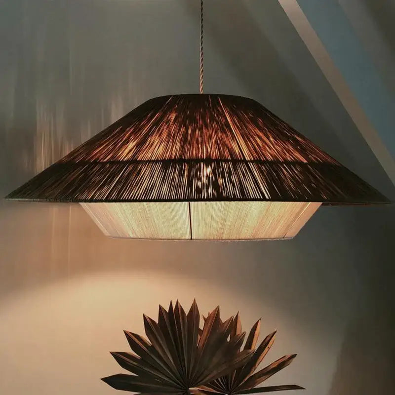 Warm-toned hexagonal pendant lamp with a woven natural fiber shade decorbites handmade hemp rope pendant lamp