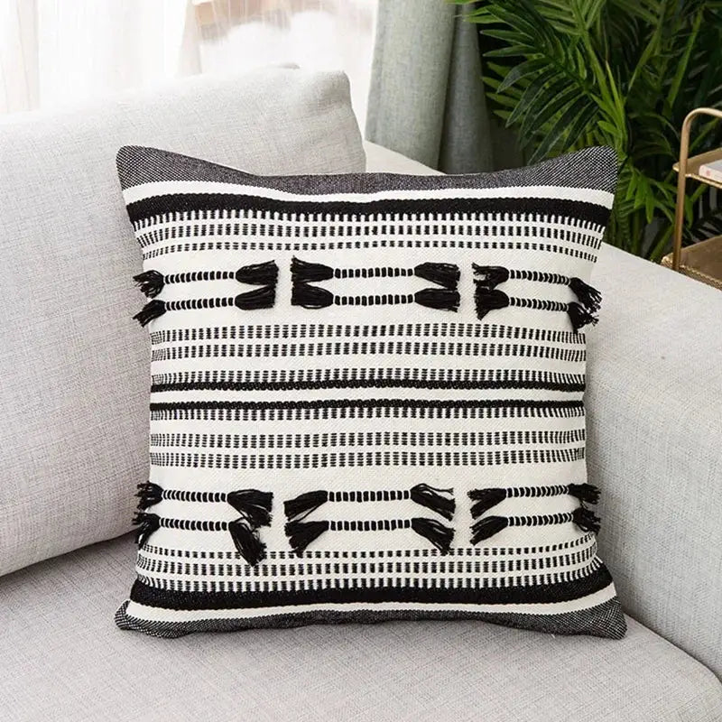 Black and white woven geometric tassels cushion cover with tassel accents for yellow and black living room decorbites pillow