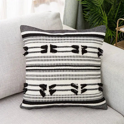 Black and white woven geometric tassels cushion cover with tassel accents for yellow and black living room decorbites pillow