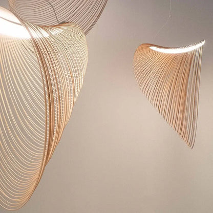 Curved warm-toned wooden decorbites bird’s nest led pendant lights with woven wireframe for dining room chandelier