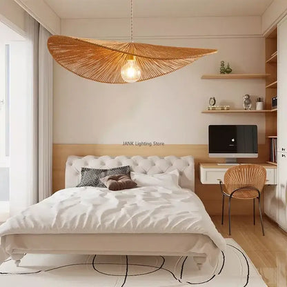 Woven hemp rope straw hat pendant light with warm golden woven bamboo shade and exposed bulb for living room decorbites hemp rope pendant lights