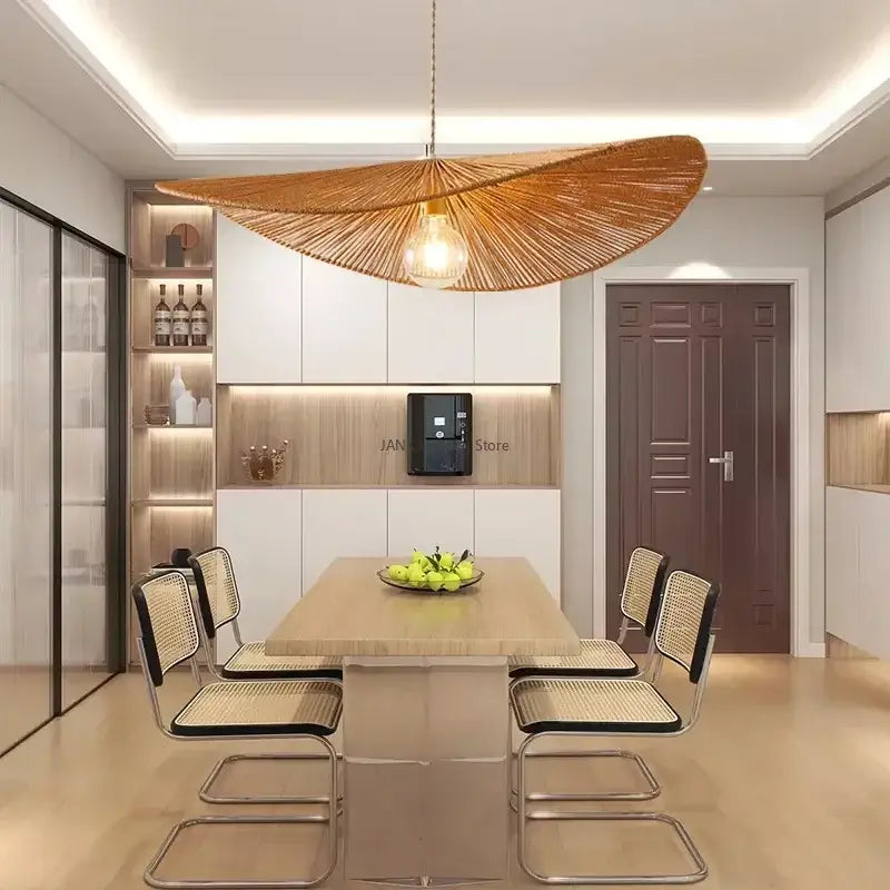 Woven hemp rope pendant light with a warm golden glow and fan-like shape for living room decorbites hemp rope