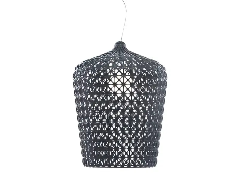 Dark gray woven pendant light with geometric lattice design complements decorbites acrylic kabuki floor lamp for living room decor