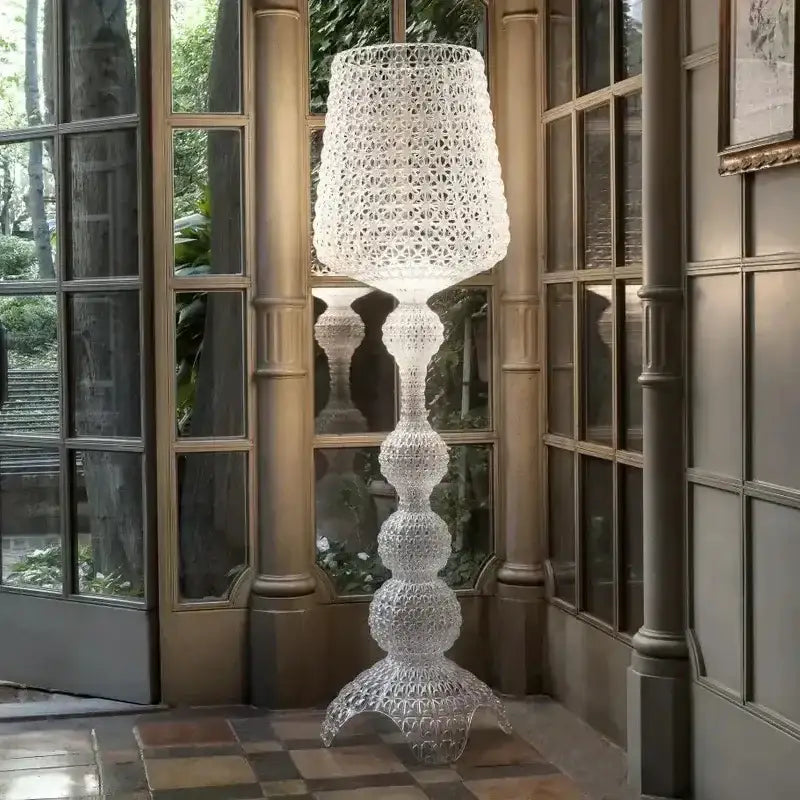 Woven white acrylic kabuki floor lamp with translucent lace-like design and tiered base for living room decorbites acrylic kabuki