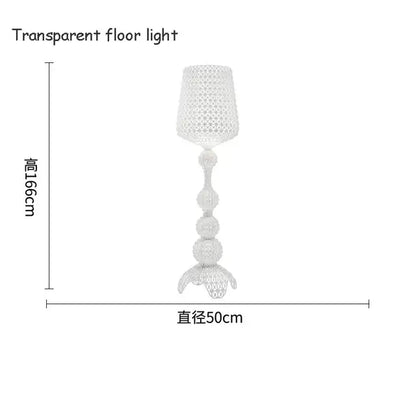 White transparent floor lamp with intricate lattice design and tiered spherical base decorbites acrylic kabuki model
