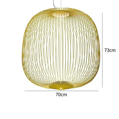 Golden woven wireframe pendant light with spherical cage design and polished chrome finish for dining room use