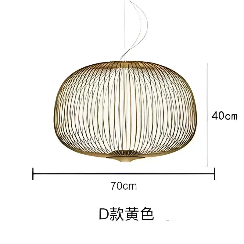 Golden woven wire pendant light with a rounded cage design and polished chrome finish for dining room use