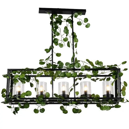 Black metal rectangular birdcage pendant lights with five glass candle holders and green ivy vines for dining room decorbites birdcage pendant