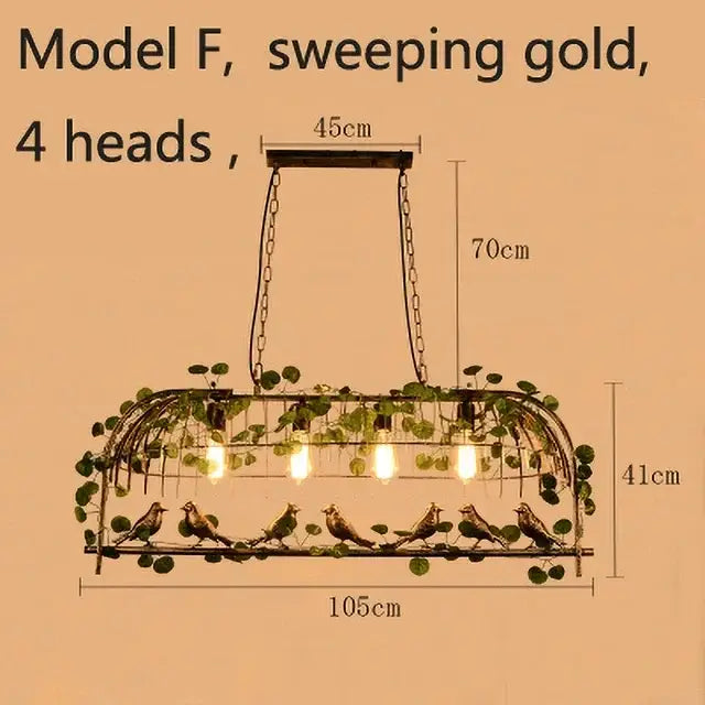 Sweeping gold decorbites birdcage pendant lights with four heads, wrought iron frame, greenery, and bird figurines