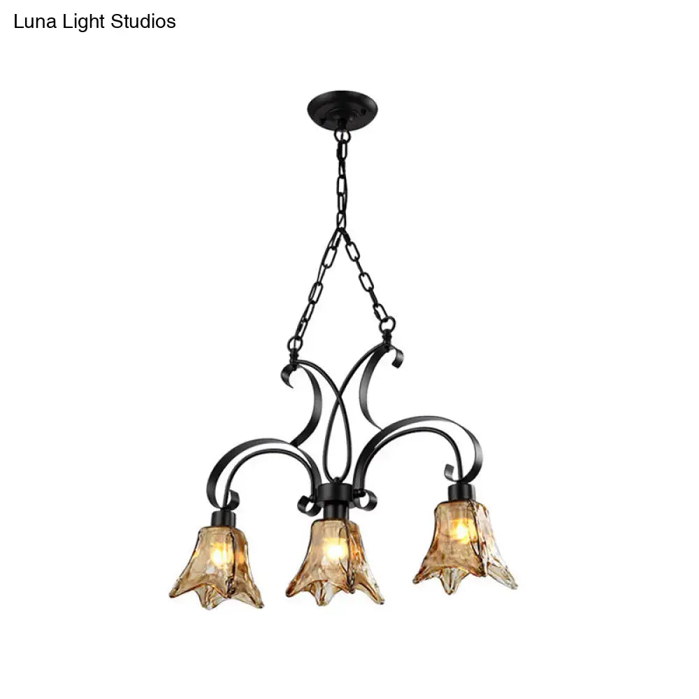 DecorBites black flower island pendant ceiling light with three amber glass bell-shaped shades for dining room 220v-240v 110v-120v