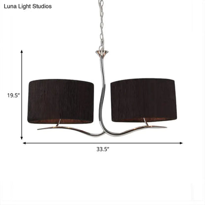 A sleek wrought iron black and white fabric pendant light with two dark brown shades and polished chrome frame for dining room
