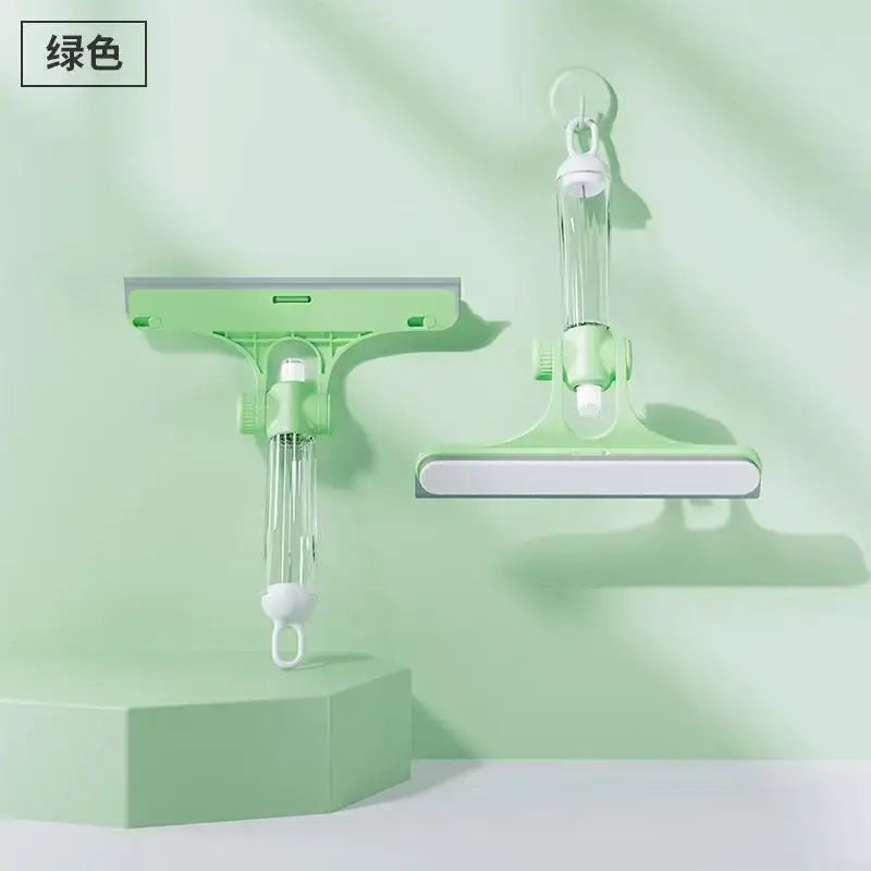 Light green plastic window cleaning brush with squeegee and clear water reservoir for kitchen glass cleaning