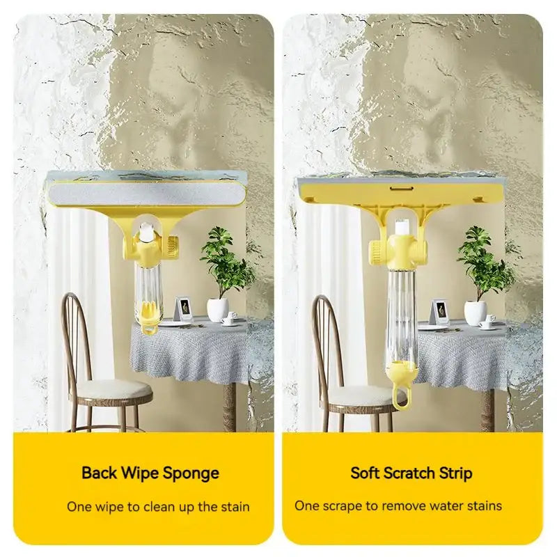 Yellow 4-in-1 window cleaning brush with built-in sponge and water reservoir for efficient window cleaning