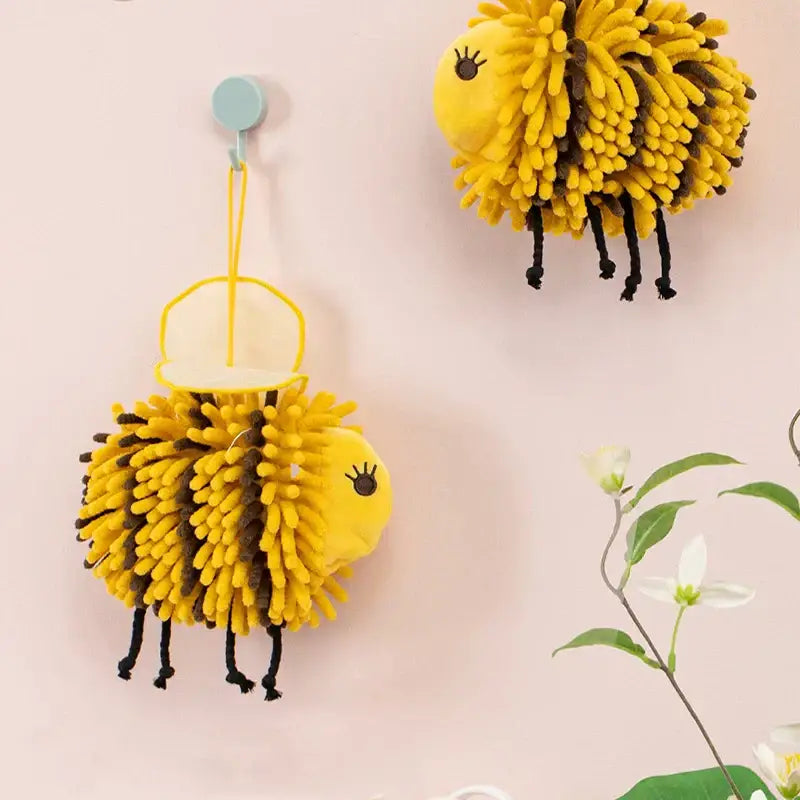 Yellow and black bee shape chenille hand towel with fuzzy texture and small white hat for bathroom use