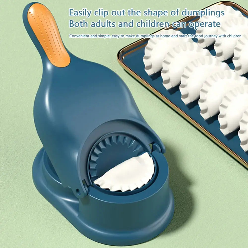 Blue plastic dumpling maker with orange handle and circular cutter from yellow and blue 2-in-1 dumpling maker set