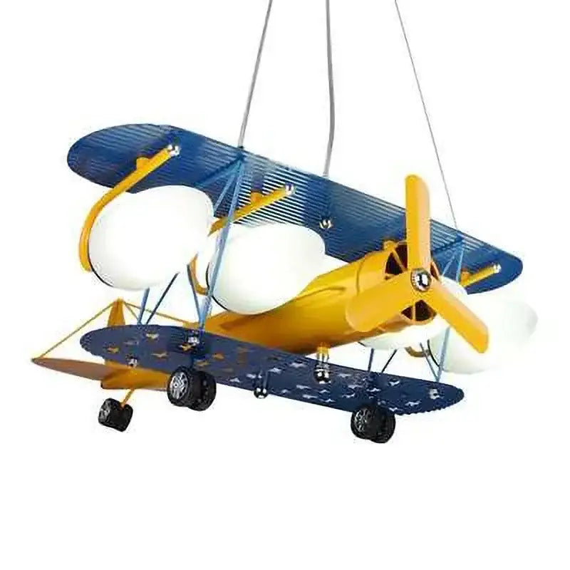 Yellow and blue biplane airplane chandelier led lights with white globe bulbs for boys bedroom lighting