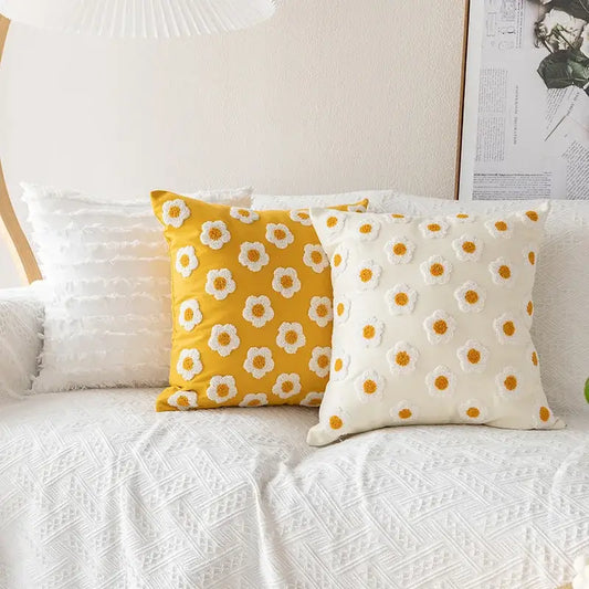 Yellow and cream daisy floral embroidery pillow cover with textured fabric for living room decorbites daisy floral decor