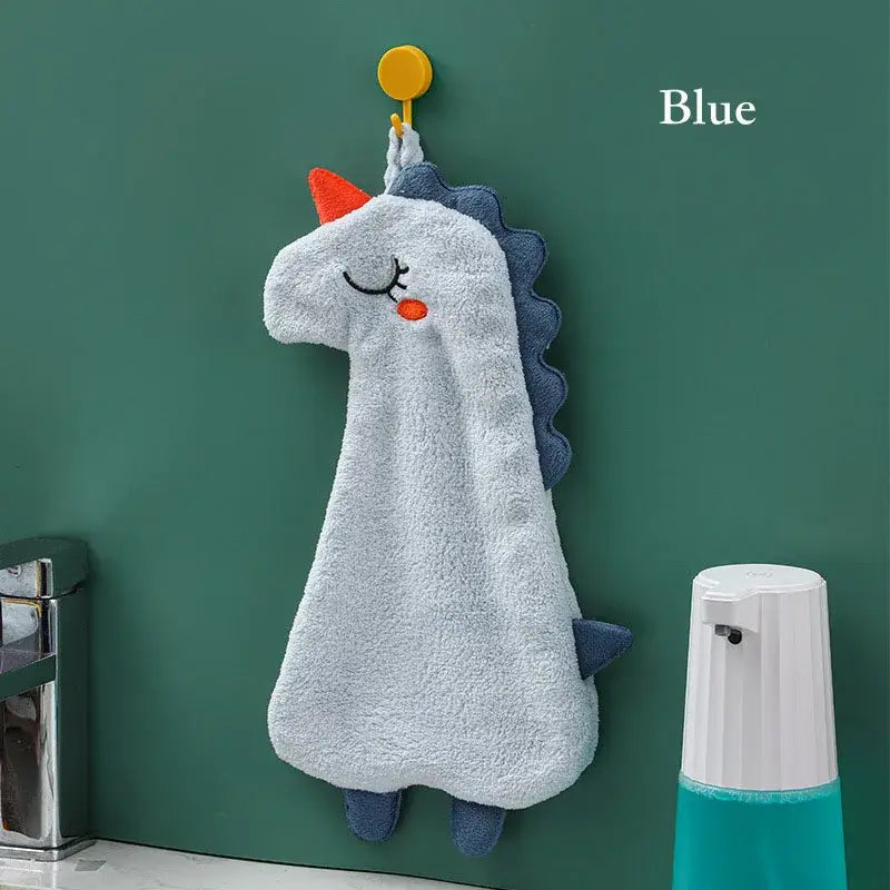 Light blue unicorn-shaped decorbites cartoon animal hand towel with orange horn and dark blue mane for kitchen use