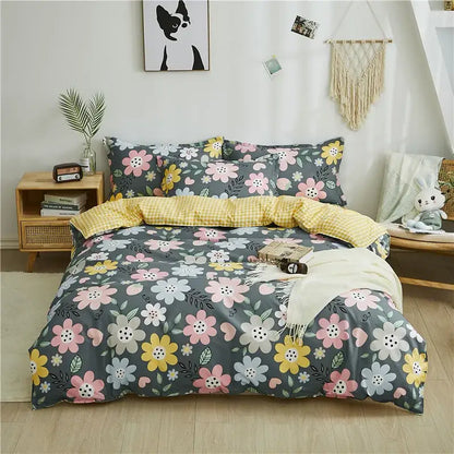 Floral-patterned gray duvet set with pink yellow and white flowers on dark background decorbites cartoon printed bedding set