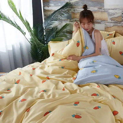 Yellow and light blue carrot cartoon printed bedding set with soft satin-like fabric finish for bedroom decorbites cartoon printed