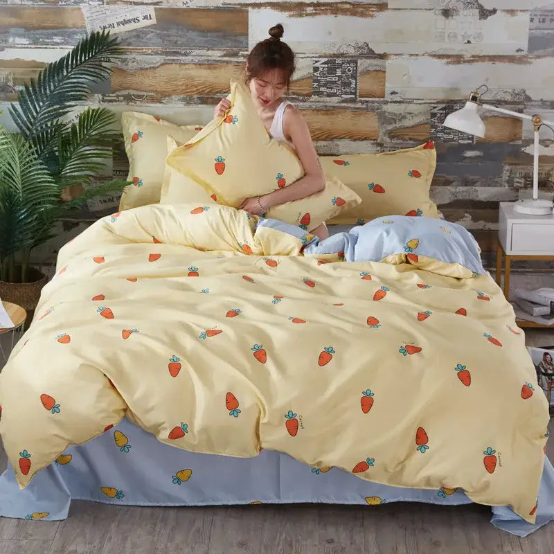 Yellow and light blue carrot cartoon printed bedding set featuring decorbites cartoon printed design for stylish bedroom decor