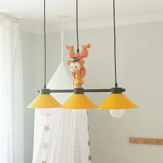 DecorBites™ 3-head yellow cone pendant lamp with monkey décor features orange shades and black metal frame for e26 e27 bulbs