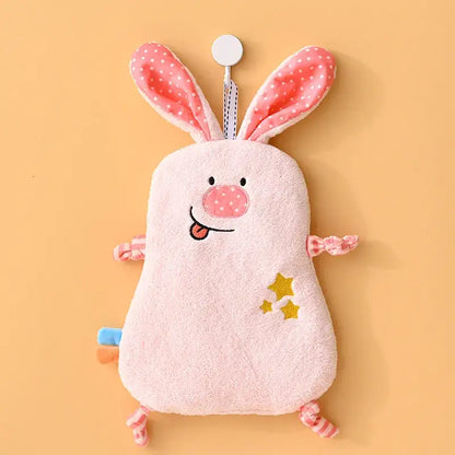 Pink plush bunny-shaped hand towel with embroidered face polka-dotted ears and striped limbs for decorbites cartoon animal decor