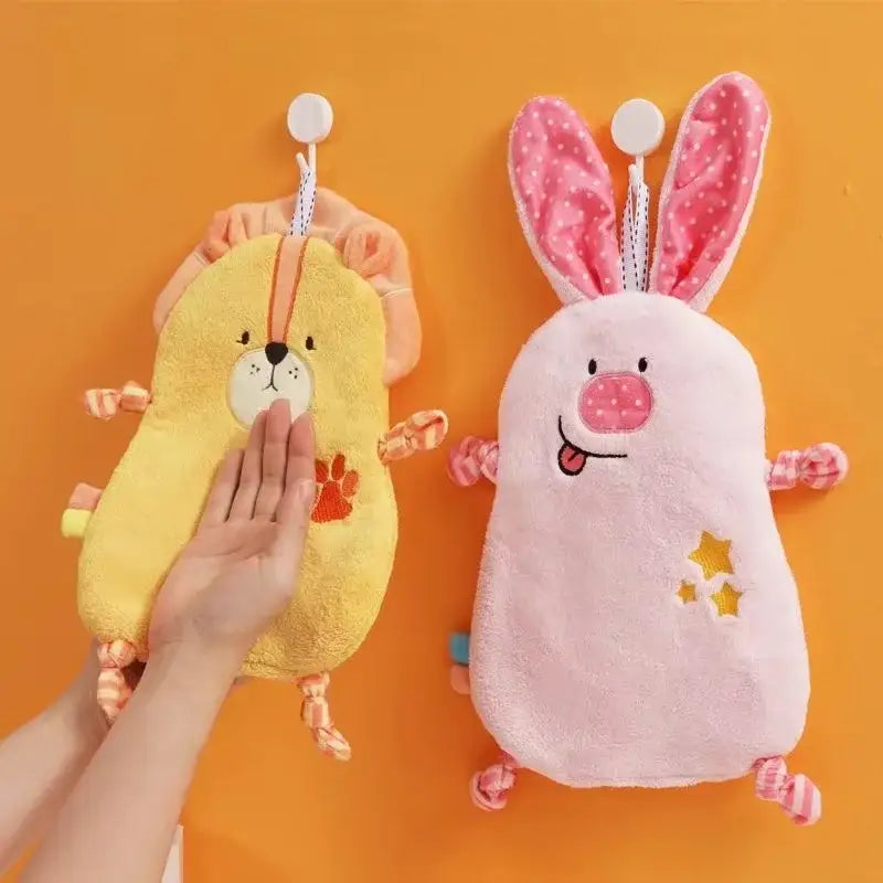 Yellow and pink plush cartoon animal hand towel with embroidered faces striped fabric and hanging hooks for decorbites cartoon animal bathroom decor