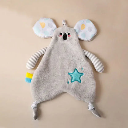 Soft gray koala-shaped baby comforter with striped arms and teal star embroidered belly for decorbites cartoon animal hand towel decor