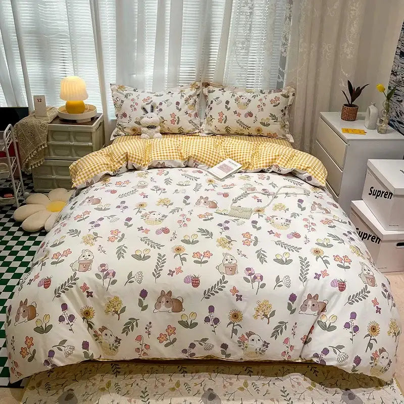 Yellow and white flowers print cotton bedding set with bunny decor featuring a white base and yellow gingham trim