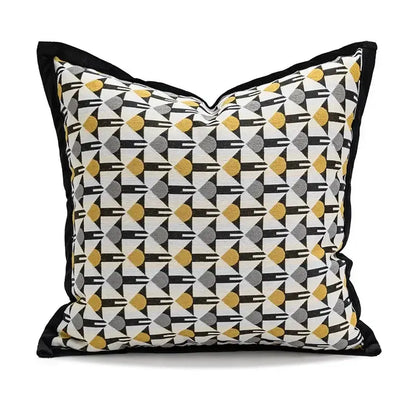 Yellow and white geometric elephant cushion cover with black gray and mustard circle pattern and black border decorbites geometric elephant