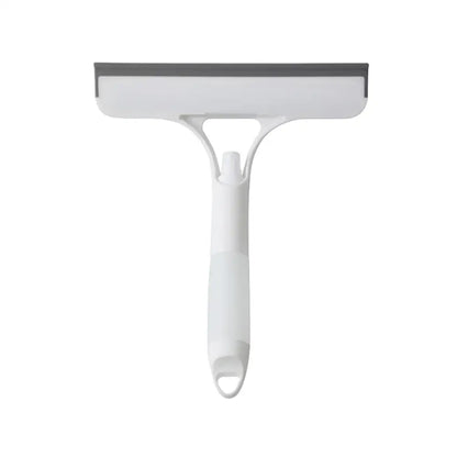 Yellow and white glass cleaning brush squeegee with white plastic body gray rubber edge and ergonomic handle for bathroom tiles