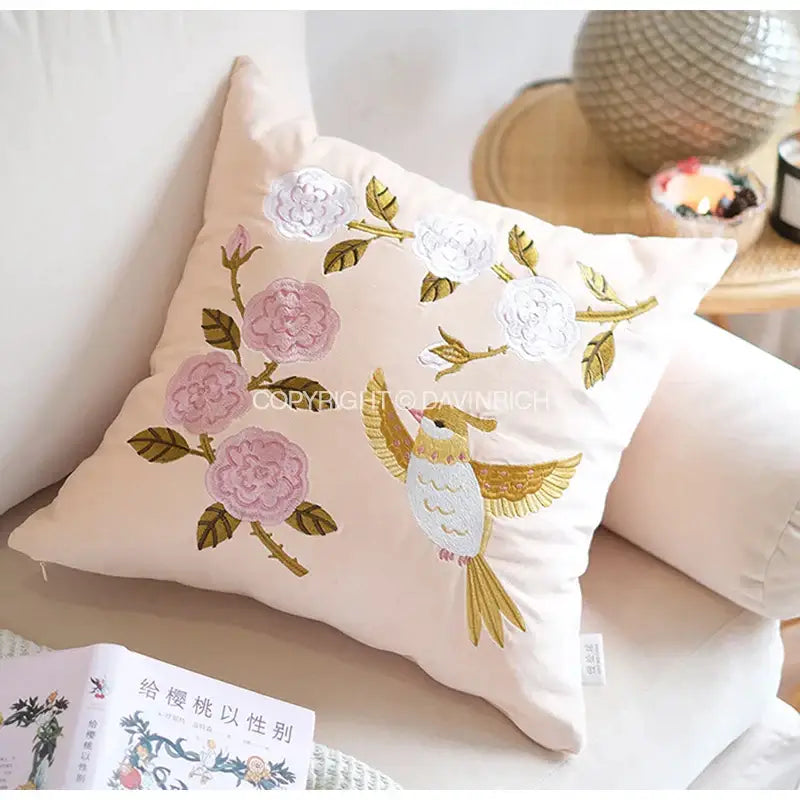 Yellow bamboo velvet throw pillow cover in soft blush with embroidered roses and golden leaves for bedroom decor