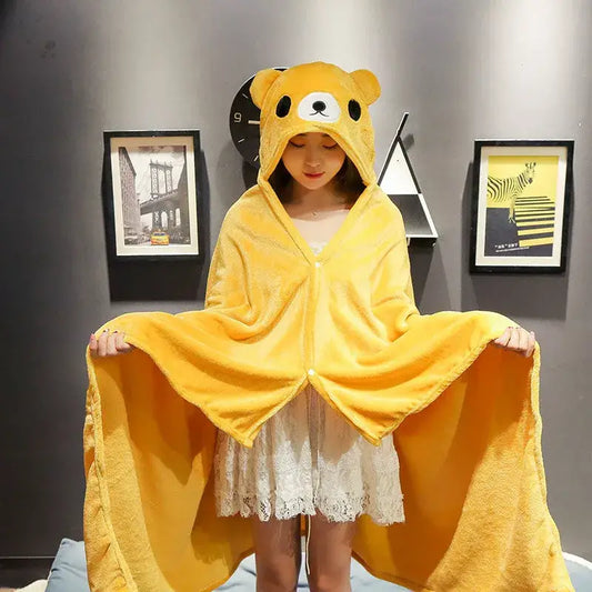 Yellow bear plush hooded cape blanket made of soft material for bedroom and office warmth and comfort
