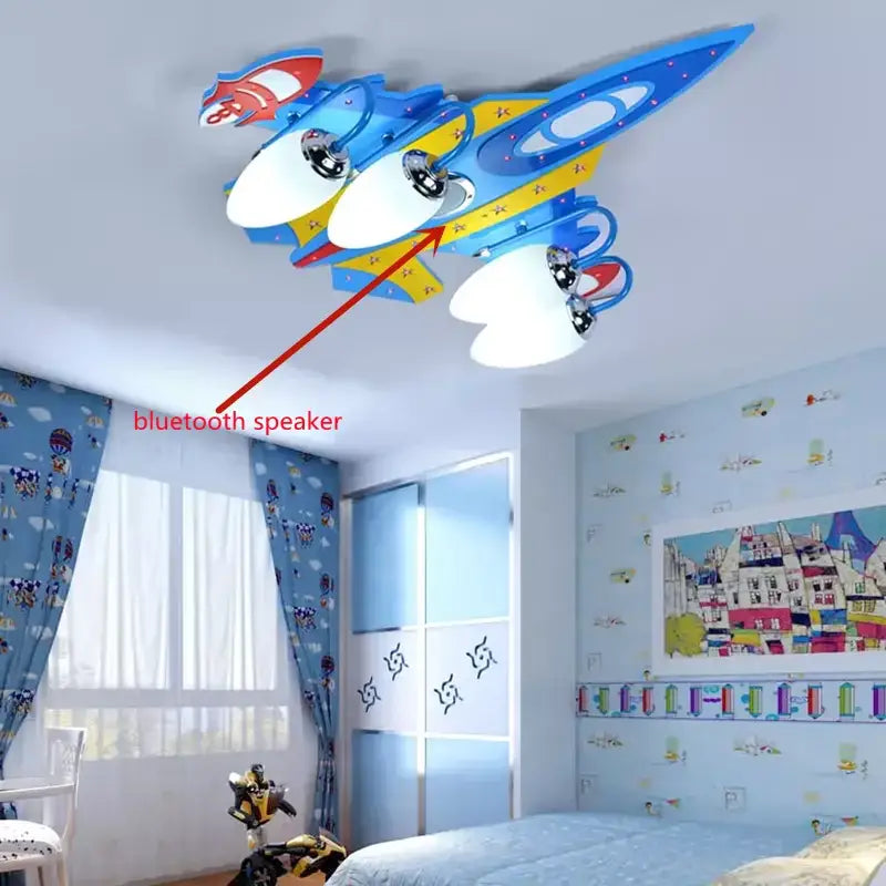 Blue and yellow airplane bluetooth speaker lamp with white lampshades for kids room decorbites bluetooth speaker lamp chandelier