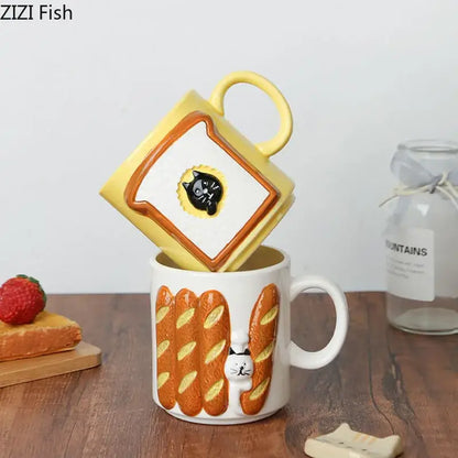 Yellow bread pattern ceramic cat mug shaped like toast with black cat face design for kitchen use