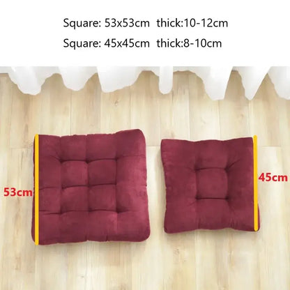 Two plush burgundy inyahome square floor pillows with tufted stitching and yellow trim for decorbites inyahome square use