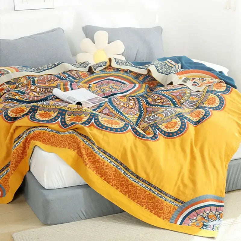 Vibrant yellow cotton mandala leisure blanket with intricate orange blue and pink designs for living room decorbites cotton mandala