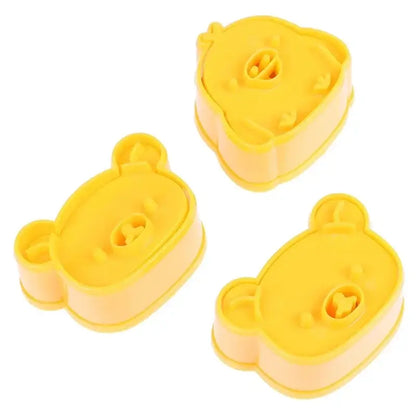 Bright yellow plastic bear sandwich mold and cookie cutter baking set for cute bear sandwich and baking use