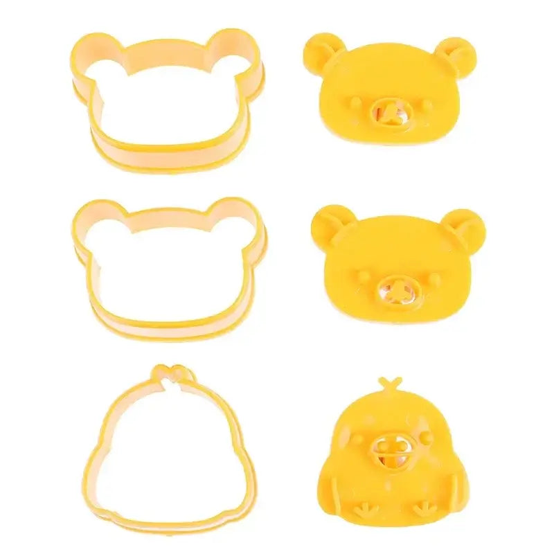 Set of three yellow rilakkuma-themed silicone cookie cutters featuring bear sandwich mold for baking set use