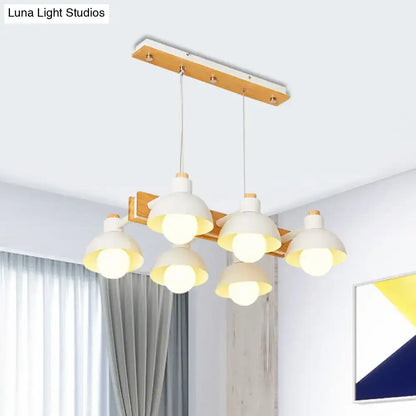 Decorbites dome shade linear chandelier with five white ceramic shades on natural wood beam and adjustable chain cord length