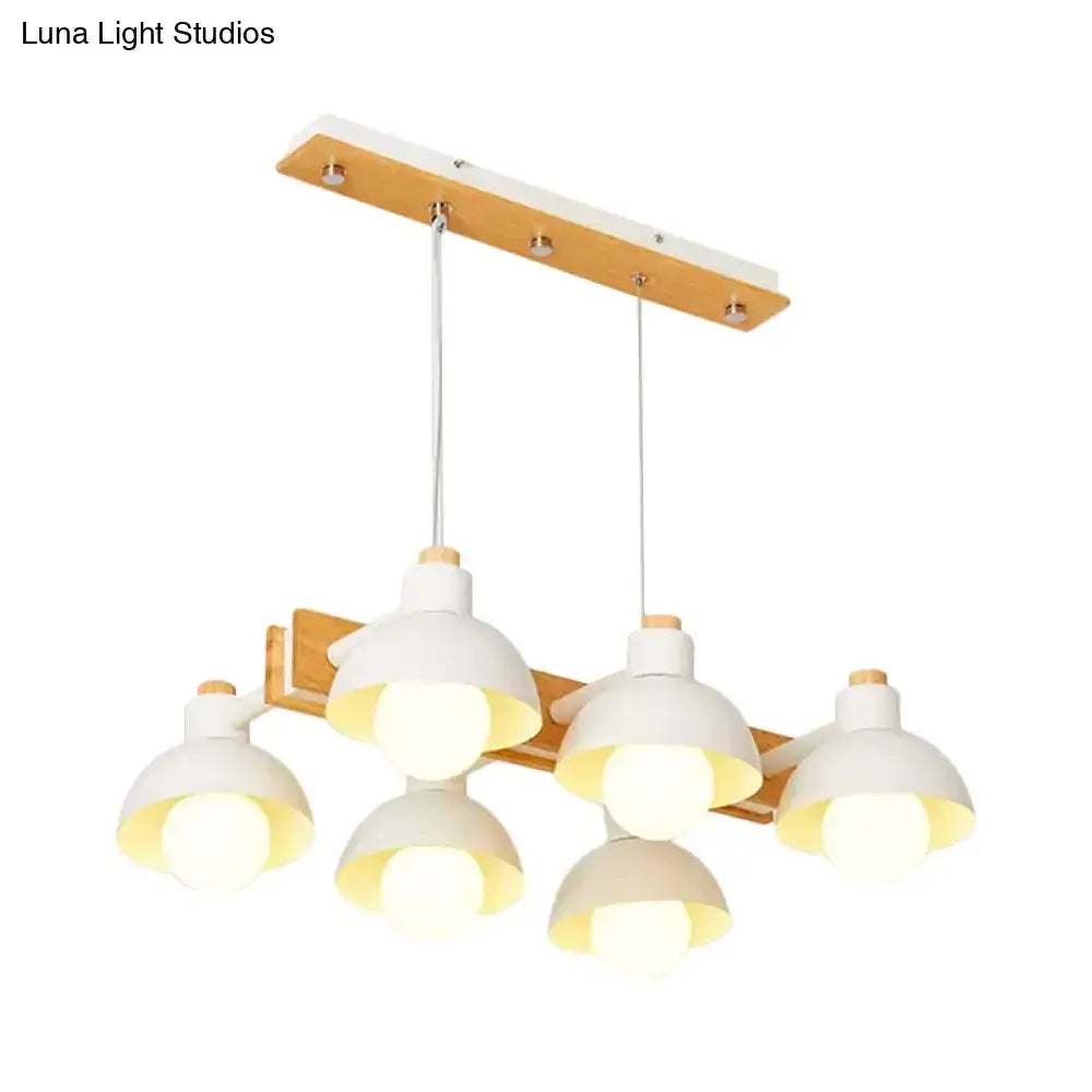 Modern white ceramic dome shade linear chandelier with wooden accents and adjustable chain cord length for island lighting